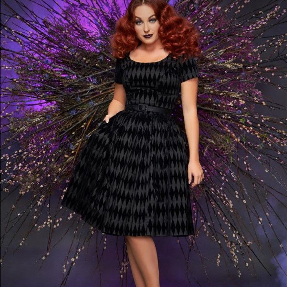Pinup couture Gena dress black flocked harlequin Halloween goth XL